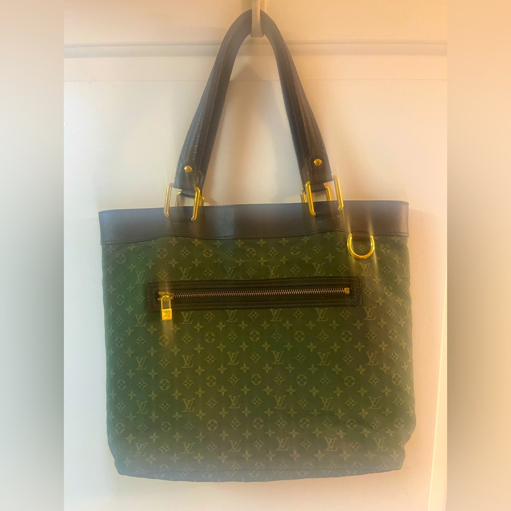 LOUIS VUITTON Mini Lin “Lucille” GM Tote Bag, Green Canvas/Brown Leather